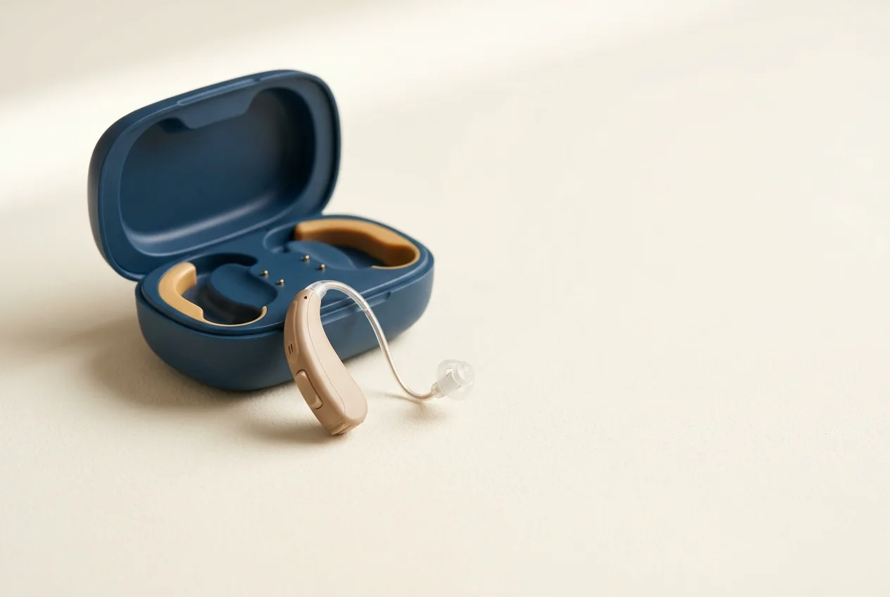 Phonak Audéo Lumity L90-R — заушный слуховой аппарат рядом с зарядным кейсом